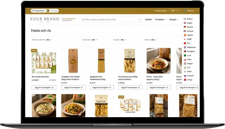 Una vetrina ExportReady in svedese, con catalogo di pasta e selettore di 17 lingue